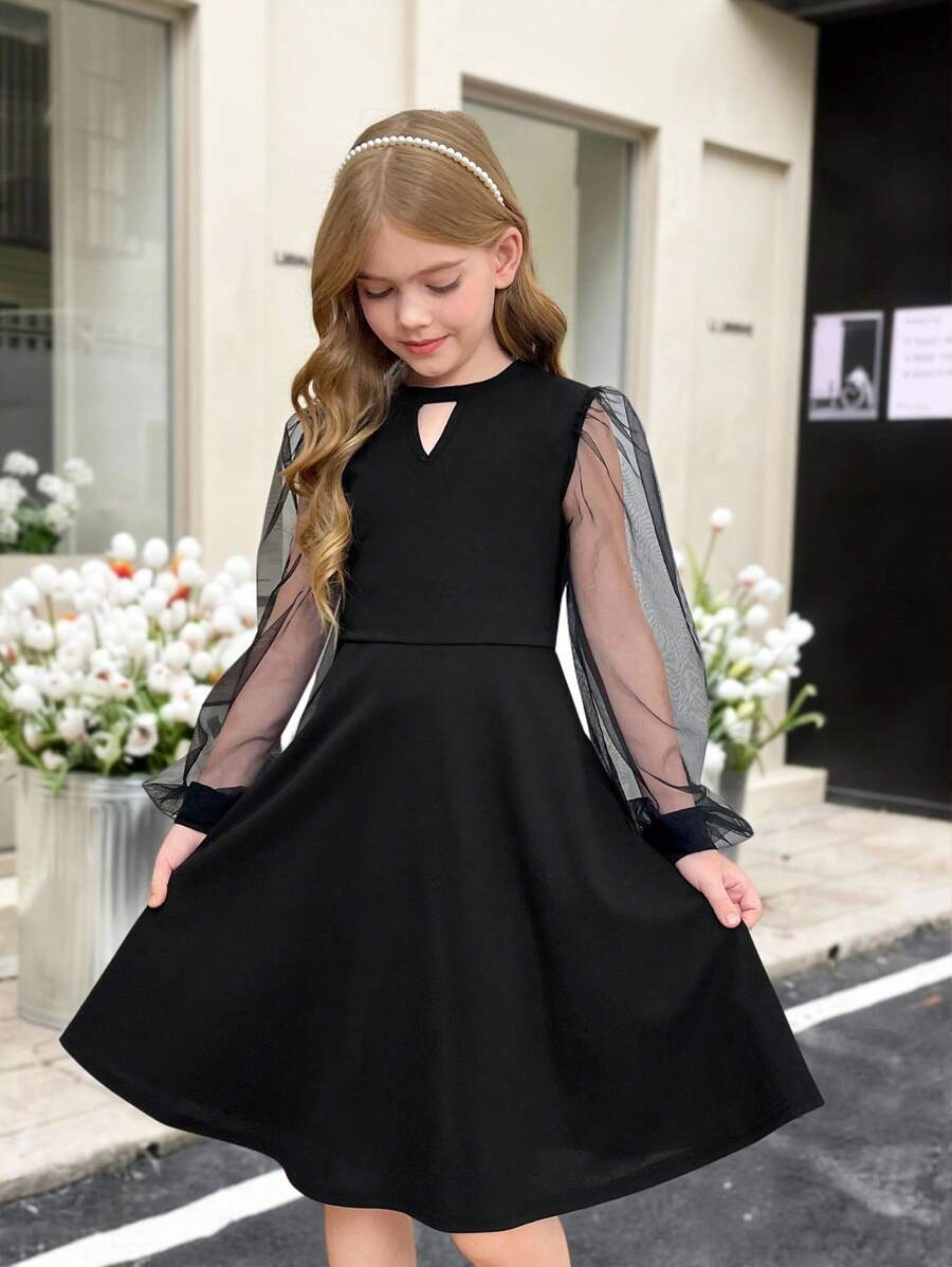SHEIN Tween Girls Knit & Mesh Contrast Long Sleeve Elegant Bodycon Dress - Black - View 1