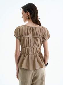 Aalyst Women's Casual Round Neck Short Sleeve Pleated Layered Minimalist Drawstring Bowknot Solid Color Blouse, Spring/Summer