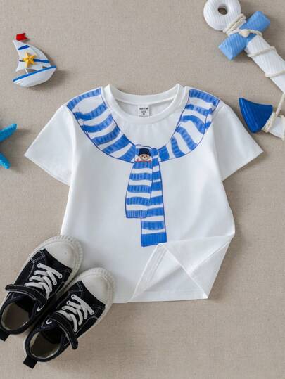  PrepCrw Young Boy Graphic Print Short Sleeve Pullover T-Shirt, Collegiate Style School Tops Cute Tops For Back To School, First Day Of School