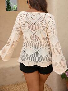 EMERY ROSE Plus Romantic Hollow-Out Design Casual Knit Sweater Knit Pullover Fall Winter Autumn - Khaki - View 2