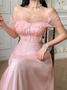 DAZY 女士优雅亮片装饰荷叶边下摆中长连衣裙 - 粉色 - 查看 6