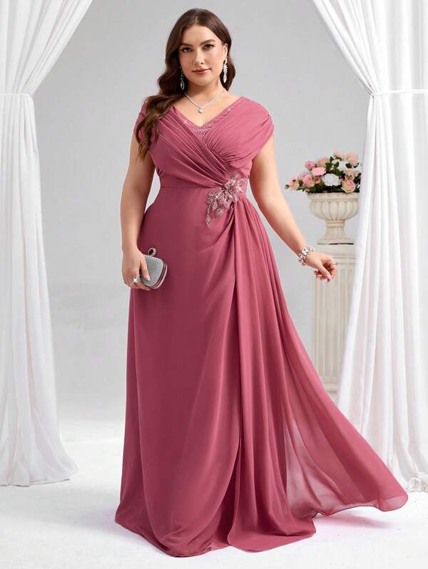 Coutiva Plus Size Applique Decor Ruffle Elegant Mother Of The Bride Dress Plus Size Champagne Gold Elegant Golden & Silver Thread Luxury Embroidered Patchwork Blue Pleated Handmade Decor Shawl Cape, Formal Evening Dress