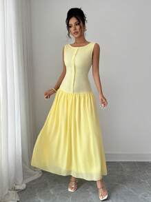 Modelyn Women's Butter Yellow Textured Patchwork Chiffon Buttoned Design Casual Summer Dress - Yellow - View 6