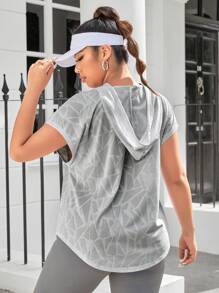 Easithlete Camiseta Esportiva com Capuz e Cordão na Cintura, Estampa Geométrica, Manga Curta, para Mulheres Plus Size, Parte Superior Solta para Exercícios, Top Esportiva Solta, Roupas de Academia para Mulheres, Camisetas Esportivas Femininas - Cinza Claro - Visão 2