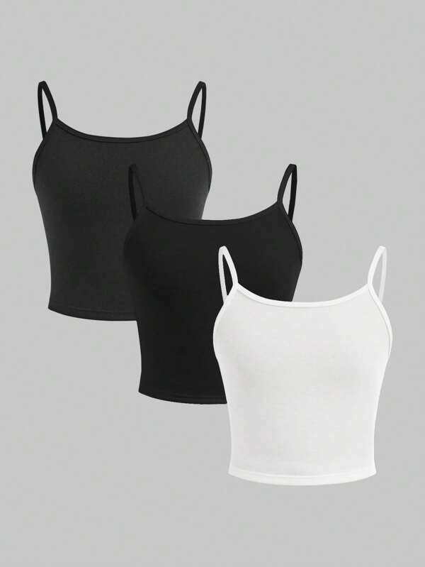 Ensemble de 3 pièces de camisoles ajustées simples de couleur unie à fine bretelle pour préadolescentes