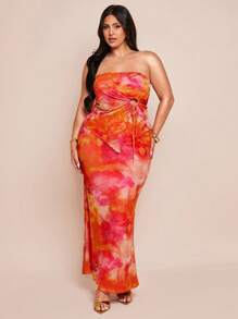 SHEIN BAE Plus Size Women Elegant Floral Print Drawstring Asymmetric Hem High Slit Bandeau Top For Spring/Summer, Vacation - Orange - View 4