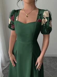 Elenzga Square Neck Puff Sleeve Embroidered Waist Pleated Women Dress - Green - View 4