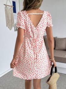 INAWLY Váy ngắn tay họa tiết hoa cổ chữ V giản dị cho nữ đi nghỉ - trái cam - Xem 2