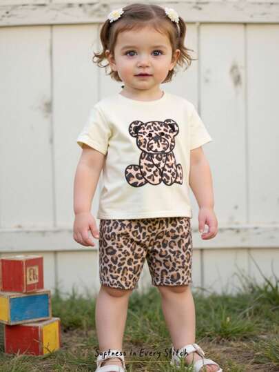 Cozy Pixies 2pcs Baby Girl Cartoon Bear Pattern Soft Knitted Round Neck Short Sleeve Pullover Top And Elastic Waist Shorts Set