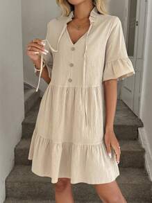 Easowa Women's Cotton Ruched Collar Ribbon Tie V Neck Multi Tier Ruffle Hem Splice Dress, Breathable & Soft