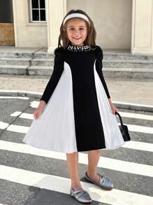 SHEIN Young Girl 1 Pc Pearl Decorated Neck Color Block Patchwork Pleated Dress, Casual Simple Elegant, Wedding Season, Ladylike Gentleman, Autumn And Winter, For Christmas, Party Wear, Daily Wear, Birthday Dress, Princess Dress - Multicolor - View 3