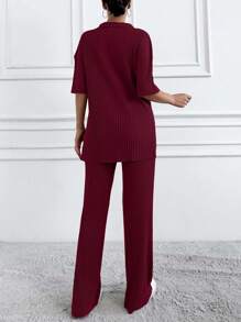 EURMUSE Cotton Two Pieces Set Polo Neck Top And Pant Set Rib Knit Fabric - Burgundy - View 2