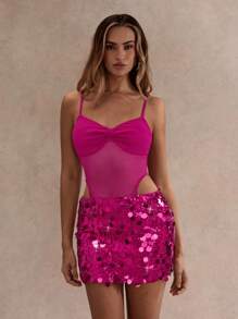 Glamine Women's Sequins Patchwork Hollow-Out Sleeveless Mini Dress,Summer,Pink 70s Night Out Party Club Birthday Sequin Skirt - Hot Pink - View 1