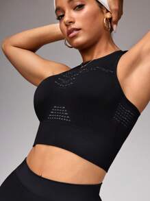 SHEIN Sports 女式纯色弹力短款背心和紧身裤运动服套装（夏季） - 黑色 - 查看 5