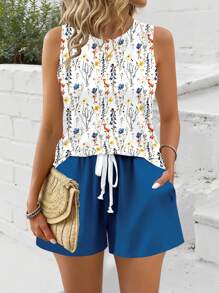 Set de 2 piezas de top de chaleco de estilo bohemio con estampado floral para mujer, cómodo para vacaciones y tiempo libre, primavera/verano