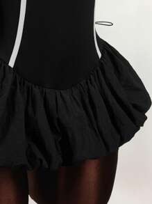 Amplova 大码女式拼色带饰荷叶边下摆迷你连衣裙 - 黑色 - 查看 5