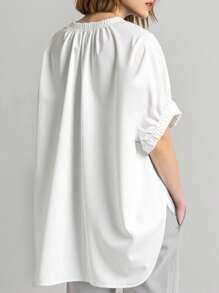 Áo sơ mi rộng rãi, đơn giản, tay ngắn, cổ tròn, màu trơn cỡ lớn, áo cánh - trắng - Xem 2