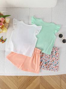 2件套女婴休闲可爱碎花印花荷叶袖上衣和舒适短袖套装，夏季 - 彩色 - 查看 2