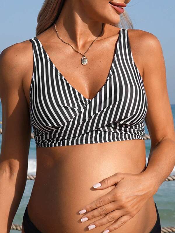 SHEIN Top de maillot de bain rayé pour les vacances de maternité