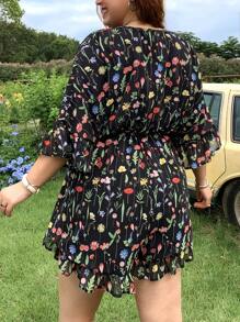 SHEIN EZwear 加大码轻盈花卉连体裤，适合夏季度假和休闲穿着 - 黑色 - 查看 2