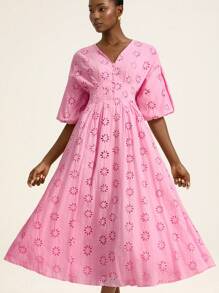 Aveloria Rosie 精致刺绣灯笼袖连衣裙，V领，收腰设计，优雅别致的连衣裙，百搭 - 粉色 - 查看 5