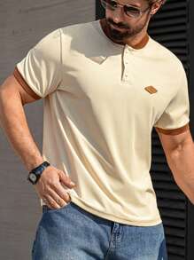 Manfinity Homme Camisa casual de manga corta con botones y parches de unicolor para hombres de talla grande