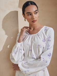 Graceveil Damen Kleid mit digitalem Muster, Rundhalsausschnitt, Langarm, Gürtel, schlicht & elegant im arabischen Stil