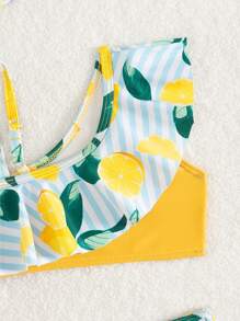 Baby Girl Fruit Print Ruffle Trim Beach Swimsuit (Print Randomly) - Yellow - View 4