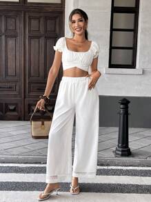 Chiquease 休闲松紧腰阔腿蕾丝边纯色裤，春夏