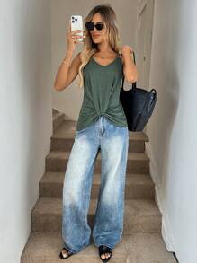 SHEIN LUNE Top en contraste geométrico cinta correa ancha - Verde - Ver 5