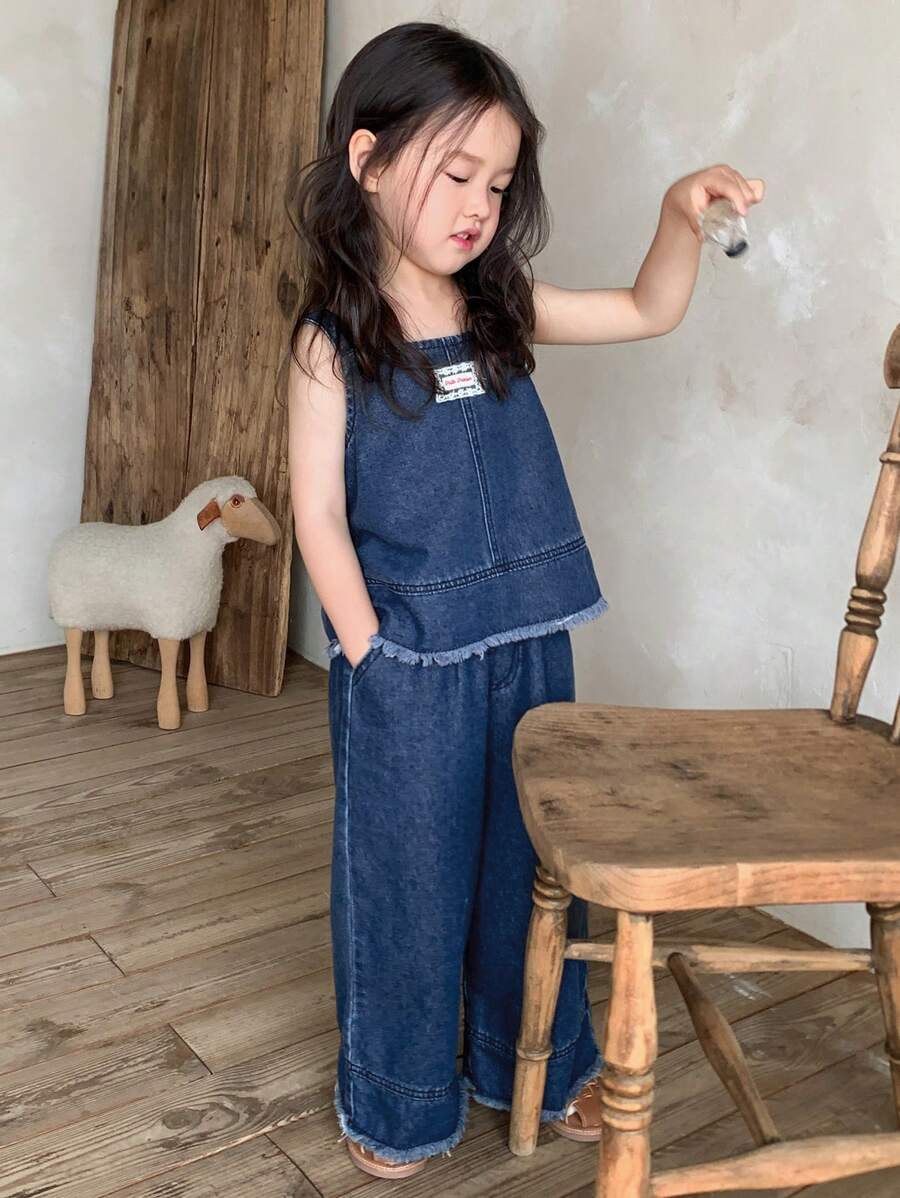 DAZY 2 件套年轻女孩夏季可爱水洗衬衫和吊带搭配宽松牛仔阔腿裤套装 - 藍色 - 查看 1