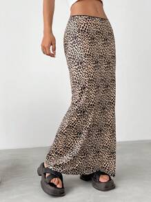 SHEIN EZwear 女式低腰豹紋側開衩長裙 - 棕色 - 查看 5