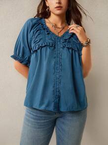 SHEIN LUNE Plus Size Women Slouchy Casual Style Summer Fourth Of July Women Cozy Fit Sweet Blouse Holiday Teacher Boho Graduation Blouse Beach Vacation - Blue - View 10