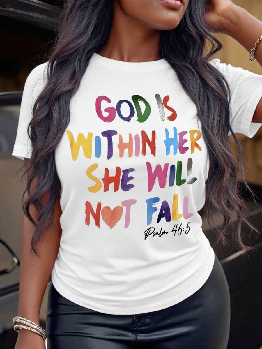 Glissea Áo thun cổ tròn tay ngắn in khẩu hiệu CHÚA Ở TRONG CÔ ẤY CÔ ẤY SẼ KHÔNG NGÃ Thi Thiên 465 Áo thun họa tiết dành cho nữ - trắng - Xem 1