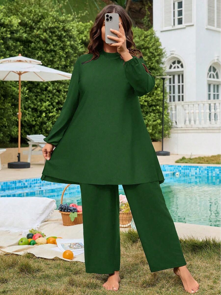 Swim Mulvari Bộ đồ bơi Burkini màu trơn cổ đứng cho nữ cỡ lớn và quần dài tay - Màu xanh lá cây đậm - Xem 1