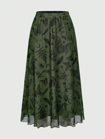 Fairycore Women Goth Style Bat Skull Moon Pumpkin Print A-Line Punk Mini Skirt