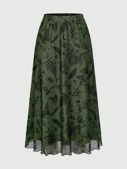 Fairycore Damen Gothic Stil Fledermaus Schädel Mond Kürbis Muster A-Linie Punk Mini-Rock