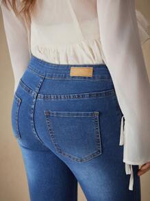 SHEIN SXY Patch Detail Bootcut Leg Jeans - Medium Wash - View 9