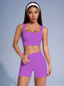 Easithlete Conjunto de top de tirantes deportivo y shorts de unicolor acanalado para mujer, conjunto de ropa deportiva para mujer - Morado - Ver 4