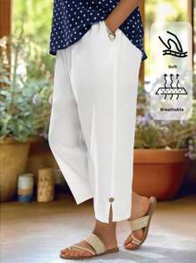 EMERY ROSE Plus Size White Summer Pants For Women,Basic Smart Casual Solid Tapered Pants,Elegant Boho Vacation Holiday Wear,Western Simple Everyday Springbreak - White - View 3