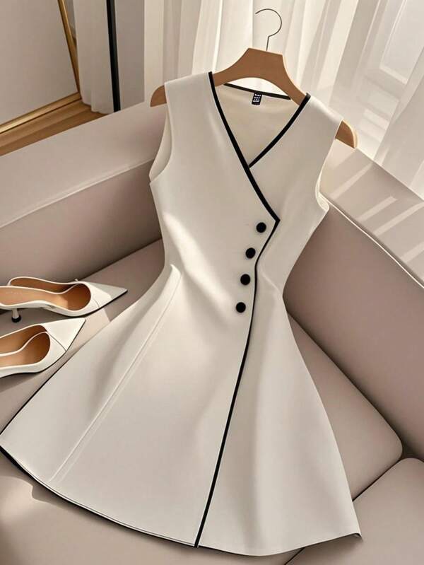 GlowEve V-Neck Sleeveless Ruched Waist A-Line Elegant Summer Dress