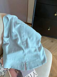 SHEIN 女士纯色圆领单排扣休闲衬衫，夏季百搭 - 淺藍色 - 查看 3