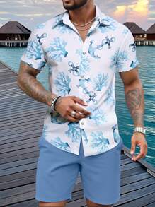 Manfinity RSRT Set de 2 piezas camisa de manga corta y pantalón corto casuales de vacaciones con estampado de ancla y coral para hombres