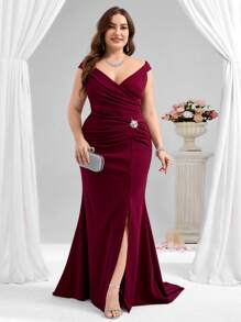 Coutiva 大码正式晚礼服（重型设计） - 酒紅色 - 查看 5