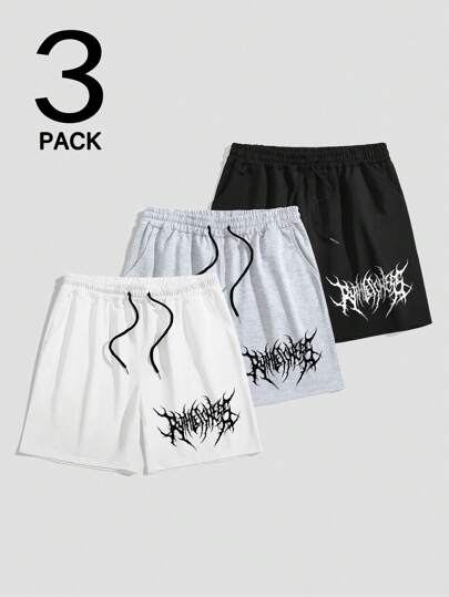 Men's Casual Gothic Letter Print Shorts, Summer, Halloween