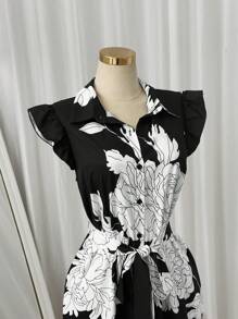 Sweetra Vestido elegante de talla grande con estampado floral, cuello digital abierto, patchwork en línea A y cinturón de moño - Negro - Ver 6