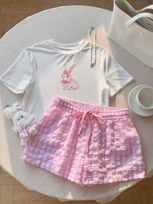 Comfortcana Summer Casual Rabbit Print T-Shirt & Plaid Shorts Set - Pink - View 6