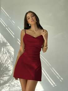 Aloruh Women's Sexy Open Back Floral Decor Draped Neck Elegant Color Block Mini Dress - Burgundy - View 2