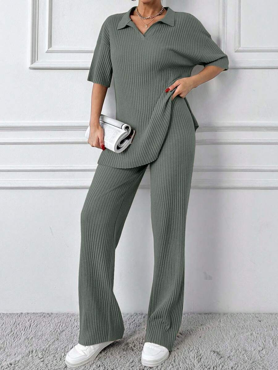 EURMUSE Cotton Two Pieces Set Polo Neck Top And Pant Set Rib Knit Fabric - Green - View 1