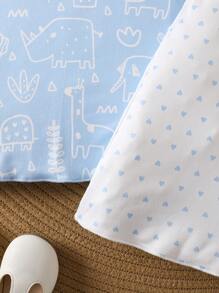 女婴两件套白色和粉色春夏针织圆领短袖动物心形图案睡衣和睡袍套装 - 淺藍色 - 查看 4